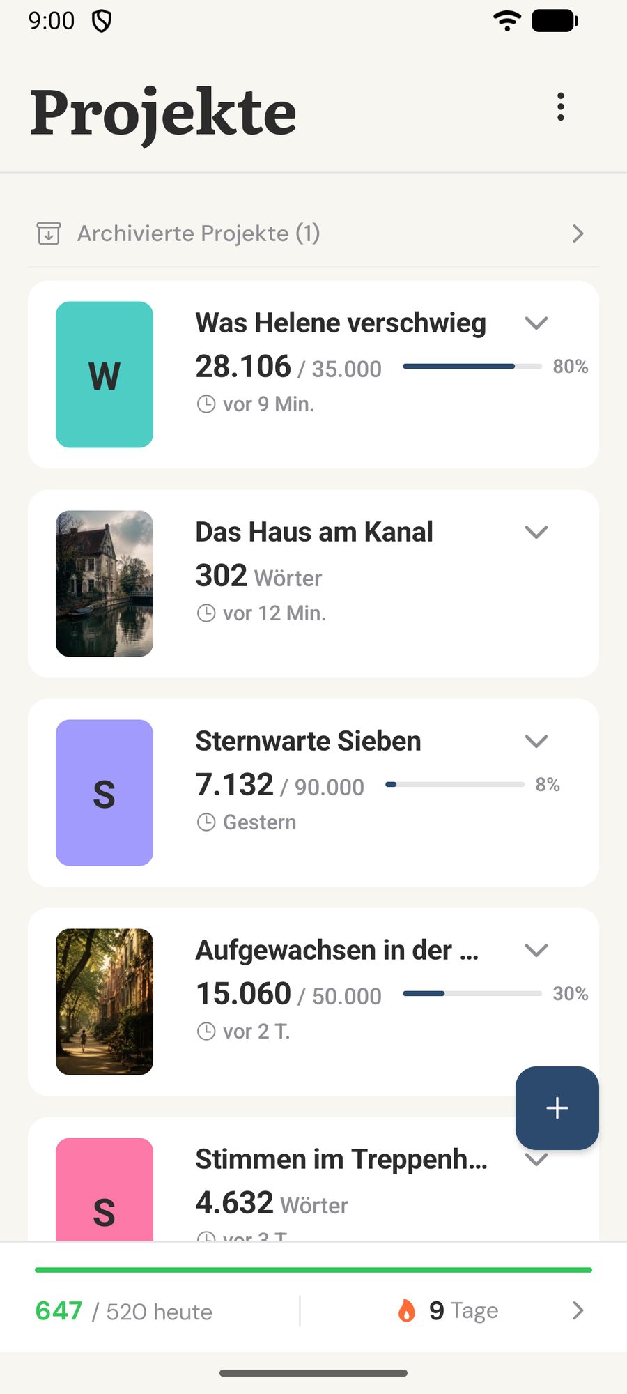 Inkcap Startbildschirm mit Schreibprojekten