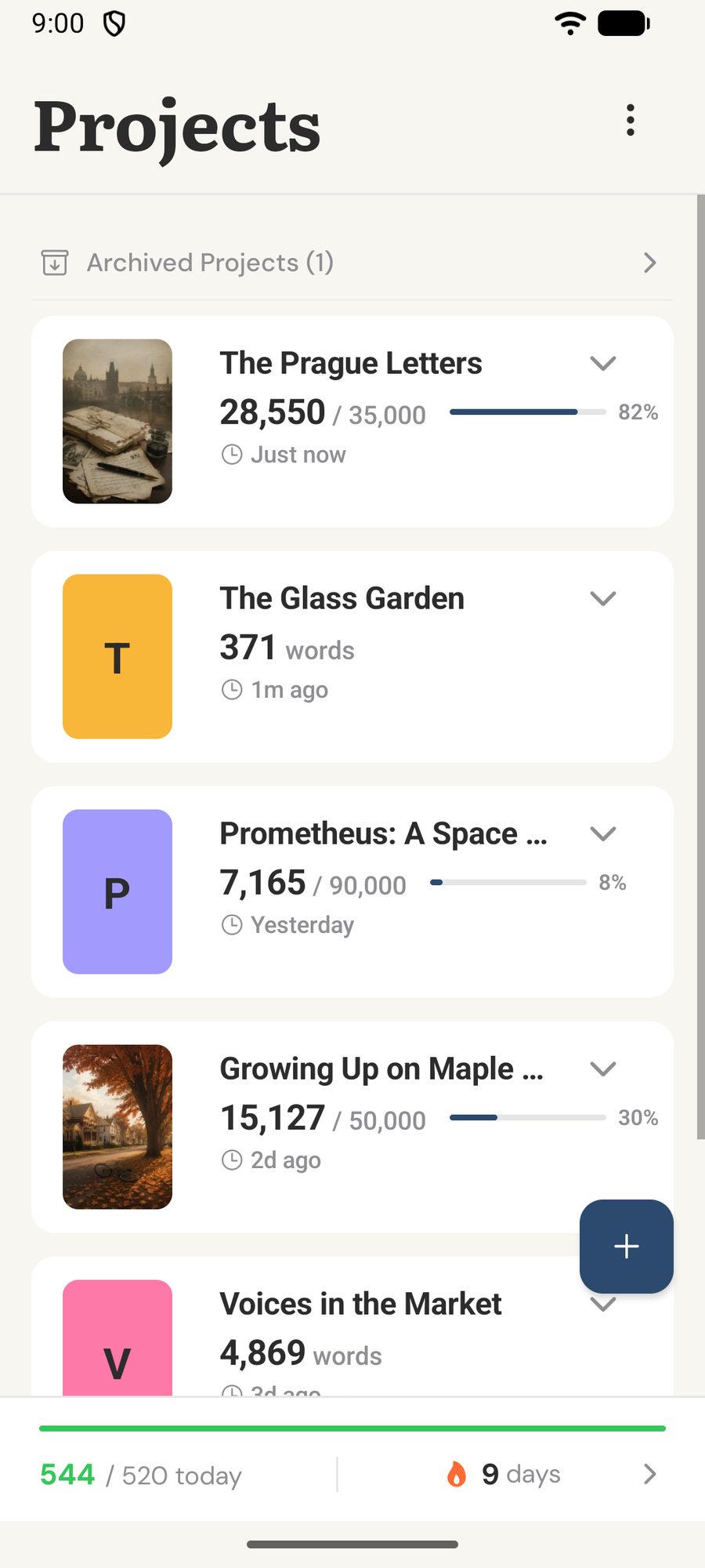 Inkcap home screen showing writing projects